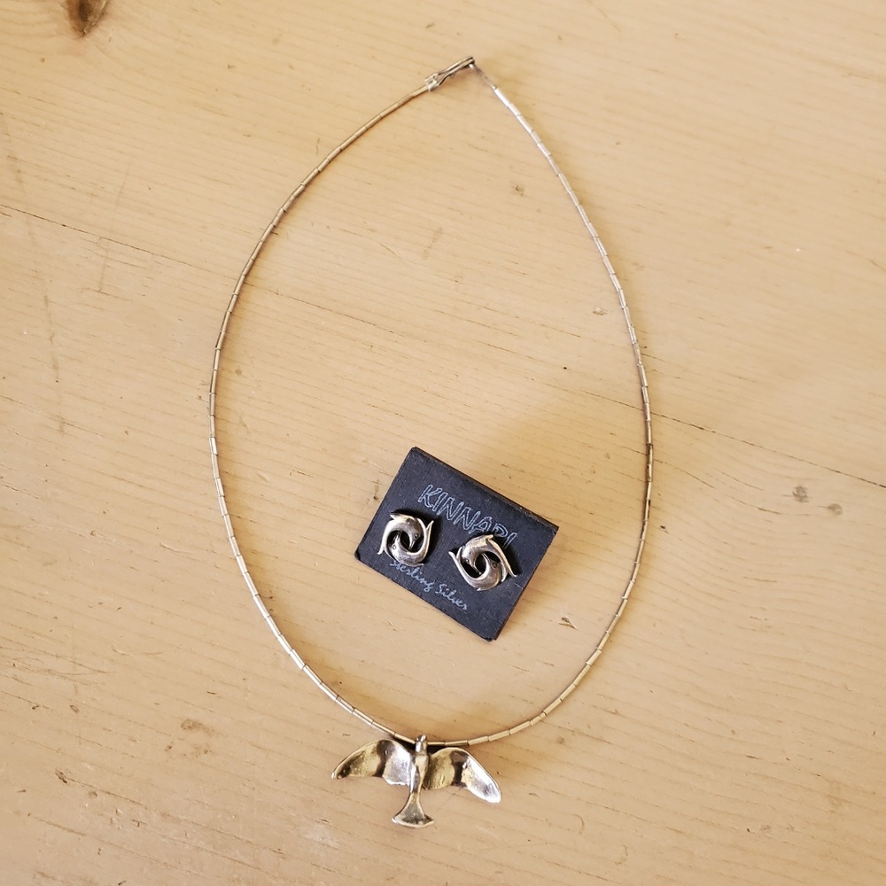 Vintage Sterling Silver Seagull Charm Necklace & Newer Dolphin Stud Earrings